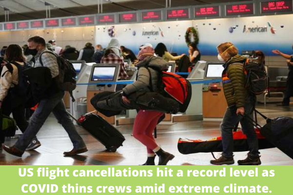 US flight cancellations hit a record level as COVID thins crews amid extreme climate.